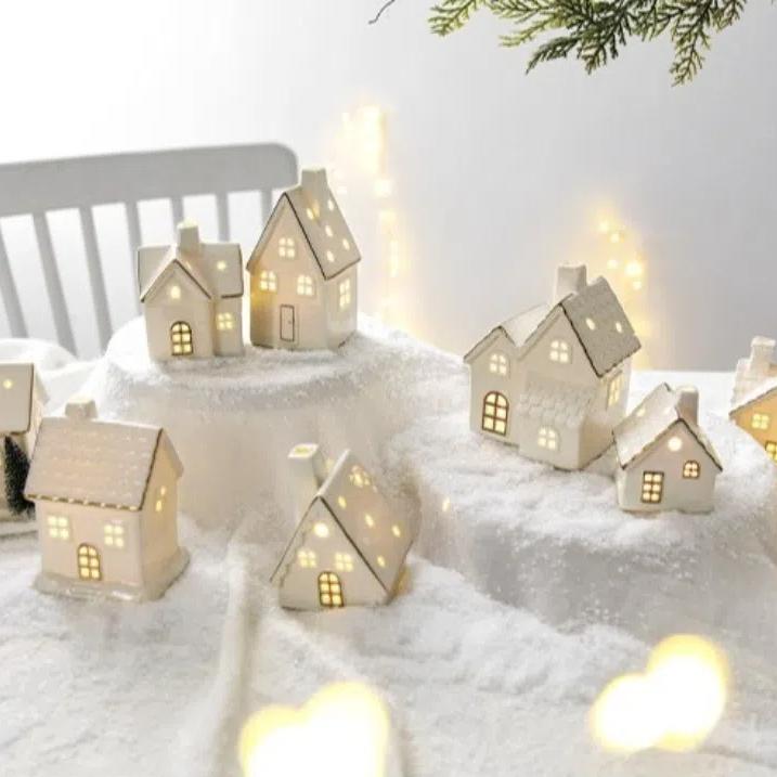 Ceramic Christmas Village Houses White House Figurines New Porcelain Village House Winter Decor