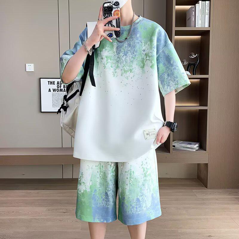 2025 Plus Size Gradient Short-Sleeve Top Set for Teen Boys - Fits Up to 8XL