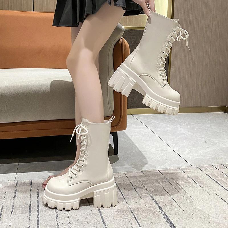 9CM Chunky Platform Ankle Boots Women 2025 New Autumn Winter Motorcycle Boots Woman Thick Bottom Non Slip Leather Combat Boots