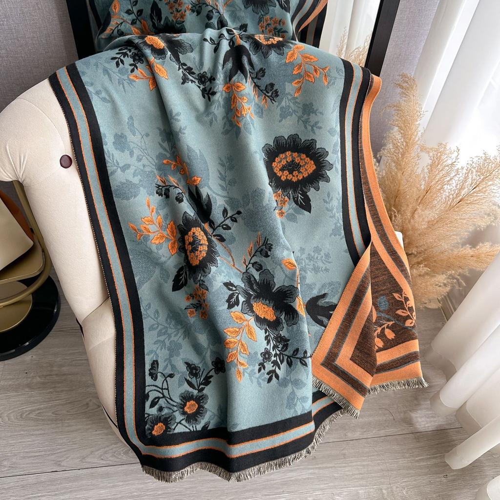 Autumn And Winter Color Matching Magnolia Flower Imitation Cashmere Scarf Women'S Winter Versatile Temperament Scarf To Keep Out The Cold Shawl