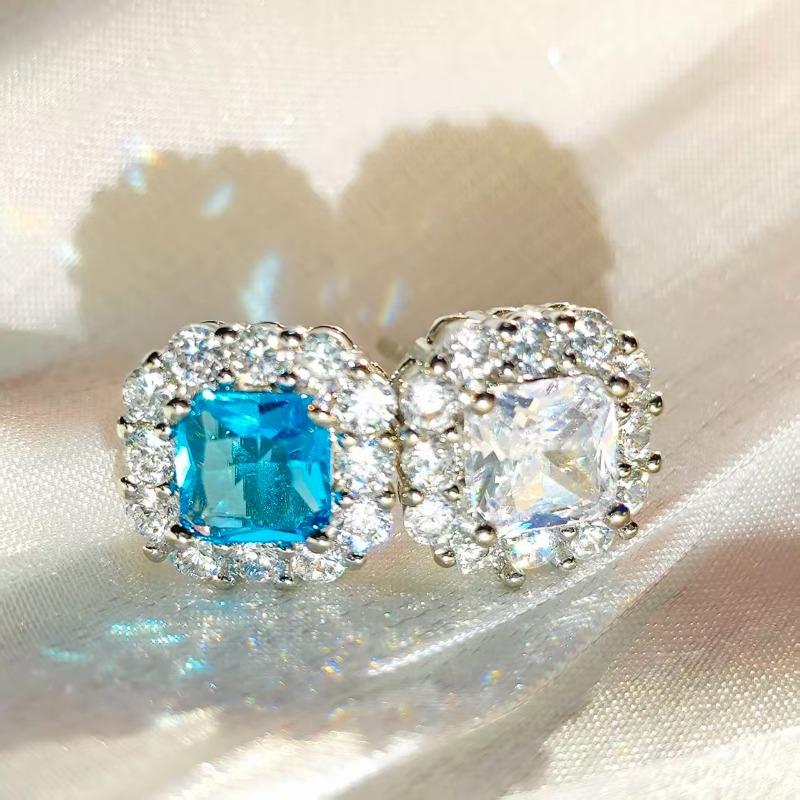 925 Sterling Silver Light Luxury Exquisite Sugar Cube Shape Light Blue Zircon Small Stud Earrings Birthday Anniversary Gift