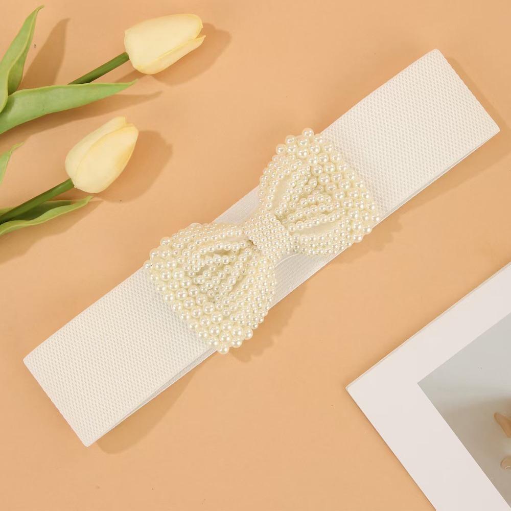 

Pearl Bow Waistband Stretch Waist Belts Exquisite Waist Strap Clothing Decoration бежевий