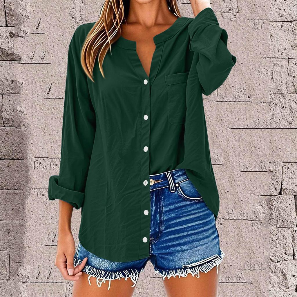 Women's Fashion Casual Solid Color T-Shirt Cotton Linen Long Sleeve Cardigan Loose Top