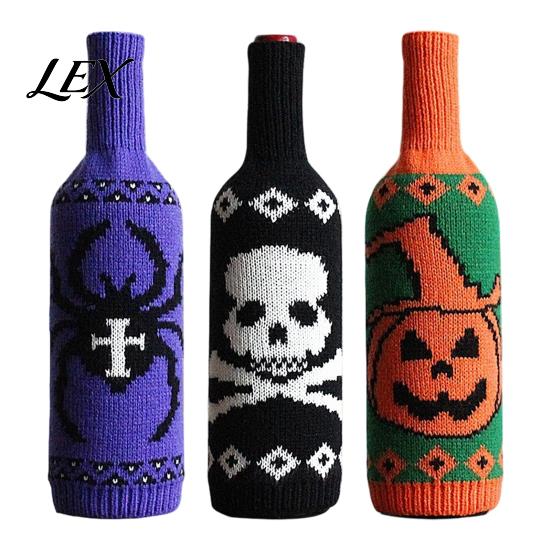 Spooky Party Table Decorations Halloween Wine Bottle Sweater, Reusable Knitted Champagne Cover, Pumpkin Skull Cover Spider Pattern Sleeve Decoration