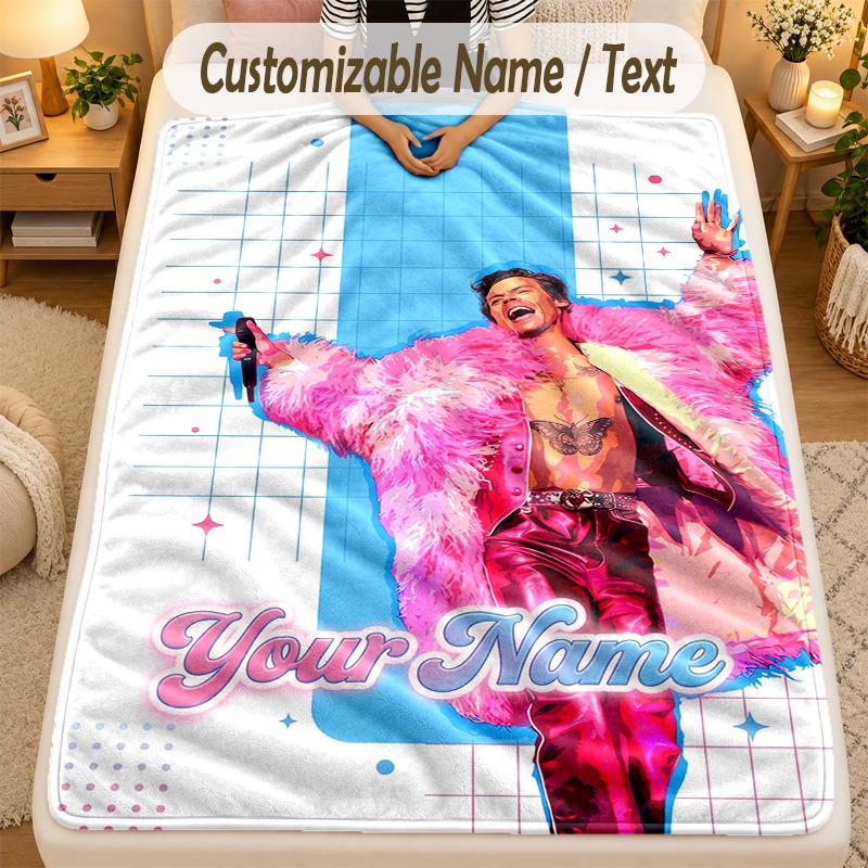Flannel BlanketHarry Styles Custom Name Text Personalized Soft Warm Throw Blanket Home Decor Gift