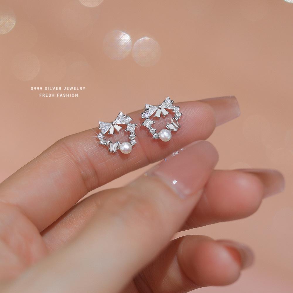 

Women s Light Luxury Bow Flower Freshwater Pearl Earrings 925 Sterling Silver with Versatile Zircon Jewelry Accessory серебряный