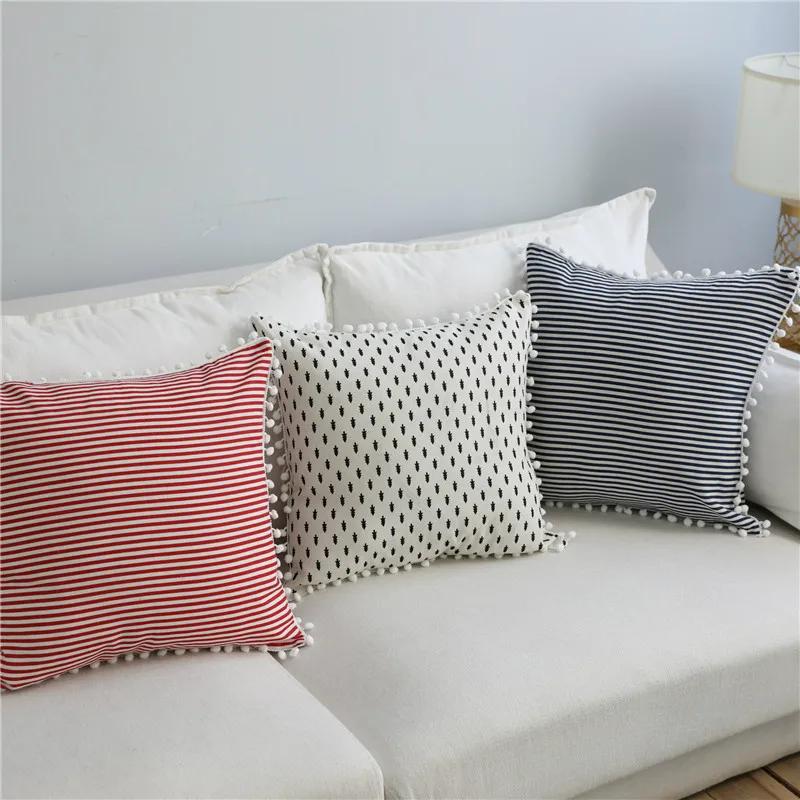45x45cm Classic Striped Living Room Sofa Cushion Cover With White Ball Cotton Throw Pillow Case Home Decoration