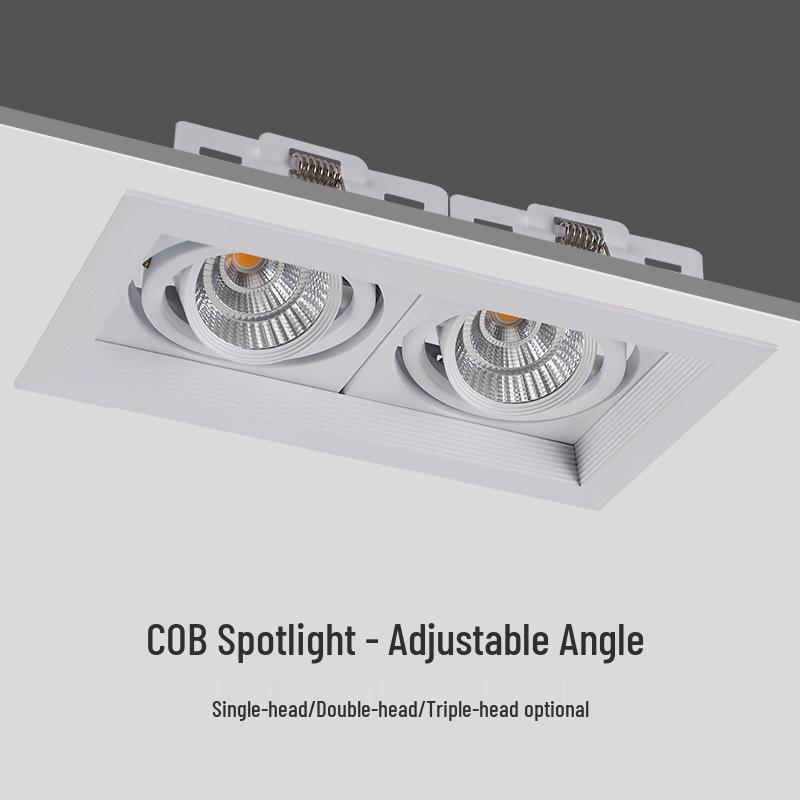 LED Double Head Spotlight: Embedded Grille, Single or Triple Head, Square Cylinder Design - Ideal for Living Room or Commercial Spaces.