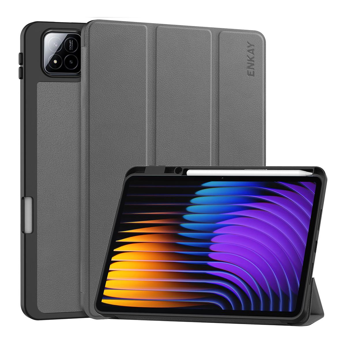 

Для Xiaomi Pad 7 Pro/Xiaomi Pad 7 ENKAY Трискладна підставка Чохол для планшета PU Шкіра+TPU Розумна обкладинка з тримачем для олівця Grey