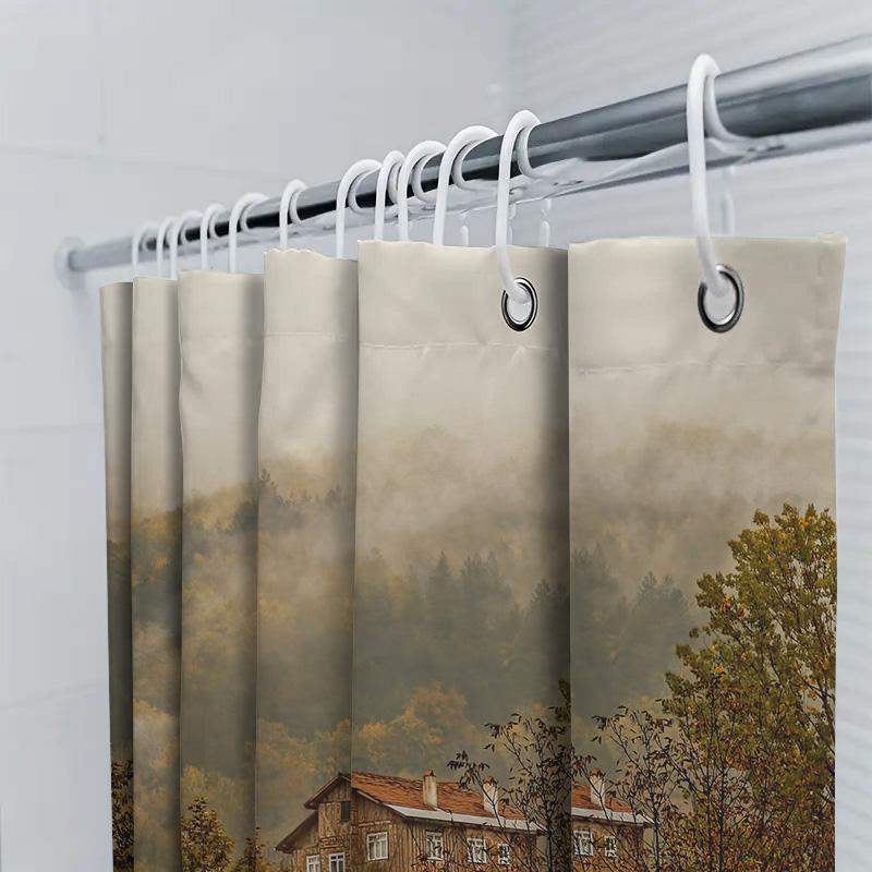 Autumn Forest House Shower Curtain: Foggy Morning In The Woods With Fireplace Smoke Fall Decor For Bathrooms