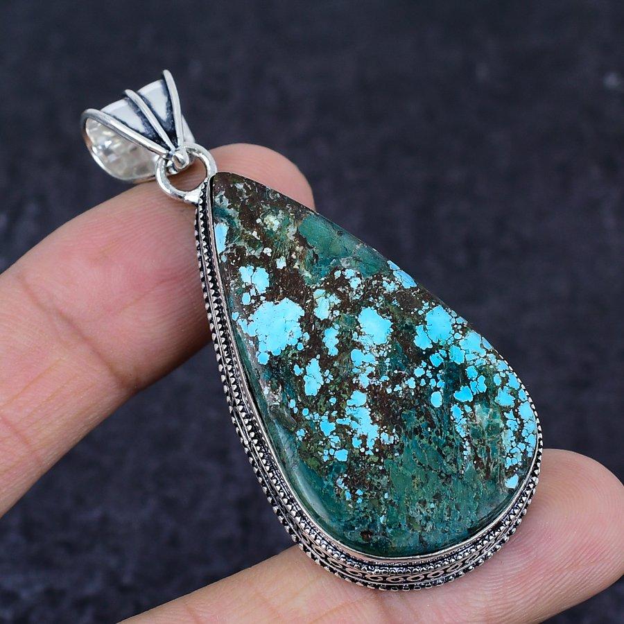 Tibetan Turquoise Gemstone Handmade 925 Sterling Silver Pendant 2.52" j9P76