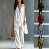 Damen V-Ausschnitt Ärmelloser Jumpsuit Lässiges Weitbeinige Hosen Set Einfarbige Lockere Passform Sommeranzug
