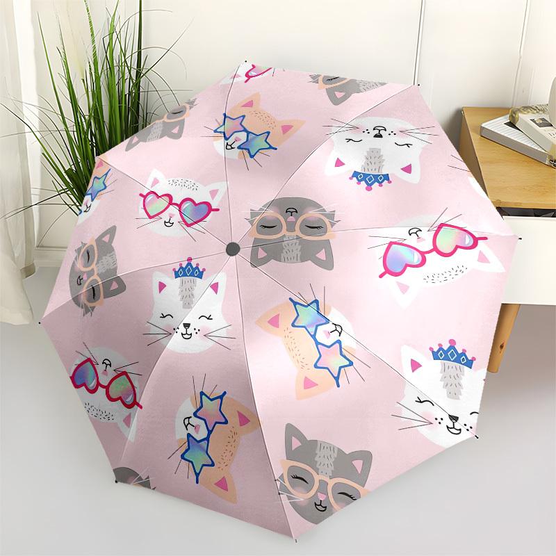 1pc Cute Cats with Glasses and Crowns Pattern Umbrella with Plastic Handle,Compact & Stylish,Cartoon Pattern,Outdoor UmbrellaPT500