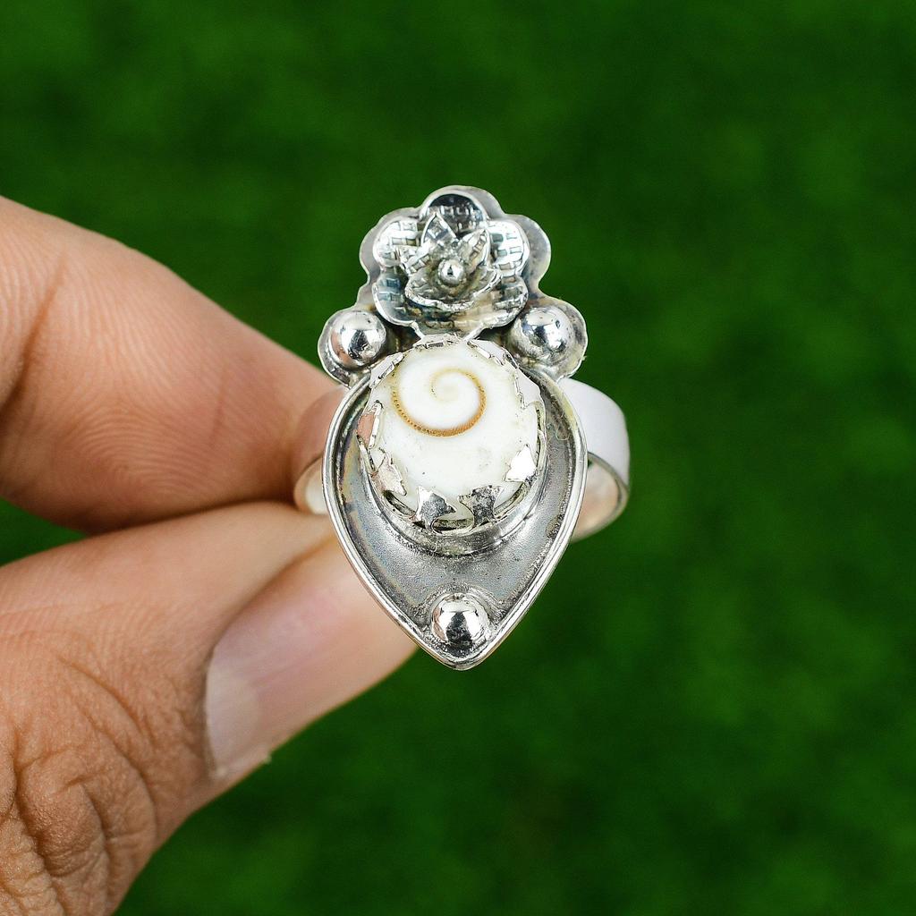 Natural Shiva Eye Shell Stackable Flower White Adjustable Ring 925 Silver