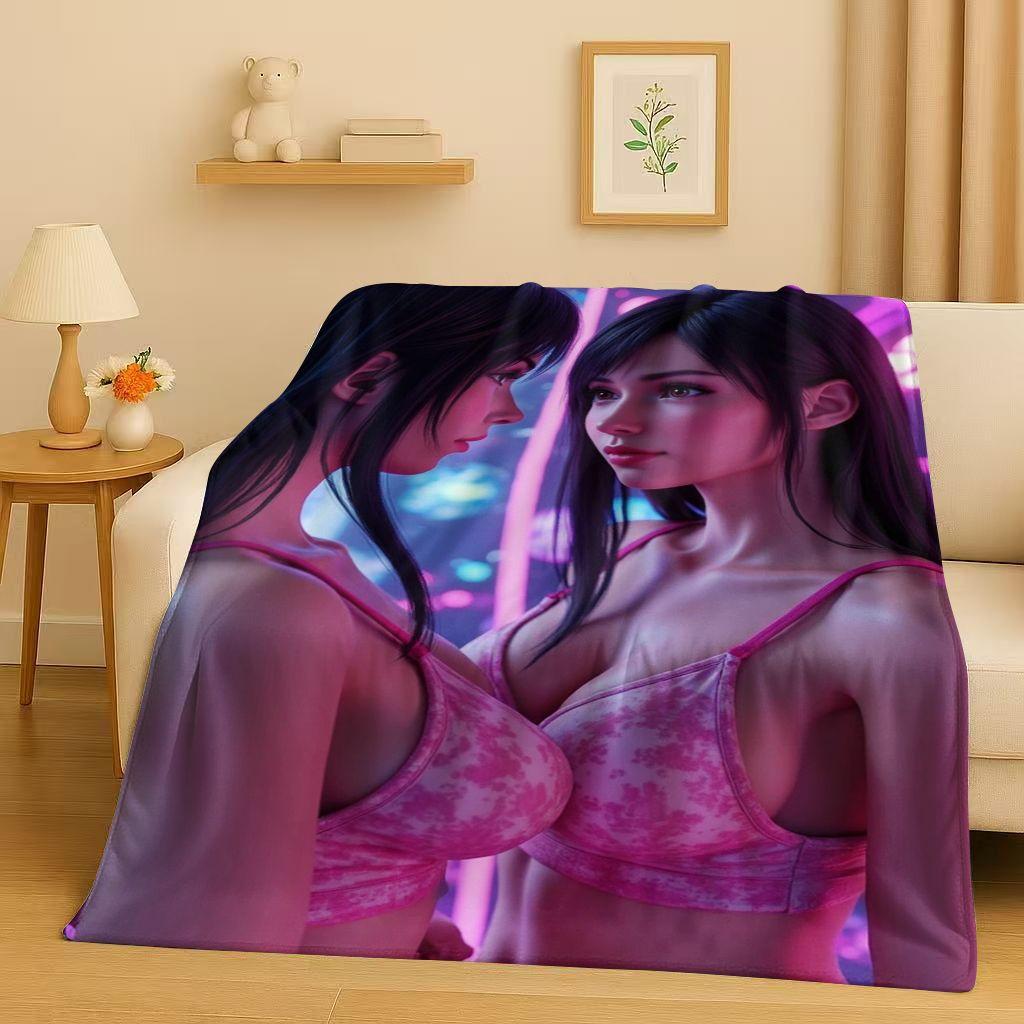 HD Tifa Aerith Sexy Lace Girl Cartoon Flannel Blanket,Ultra Soft Warm Plush Throw for Home Bedroom Bed Sofa Cover Picnic Kids