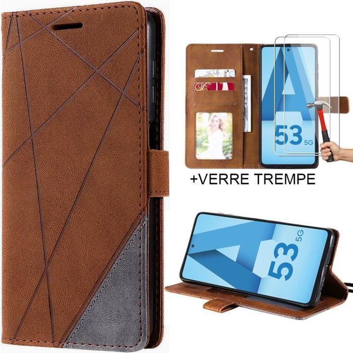 Case for Samsung Galaxy A53 5G + 2 Tempered Glasses, Brown PU Leather Protection Magnetic Closure