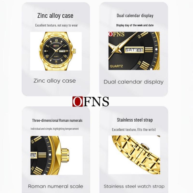Oufanni Men's Sunburst Dial Diamond-Accented Waterproof Quartz Watch with Double Calendar and Steel Strap