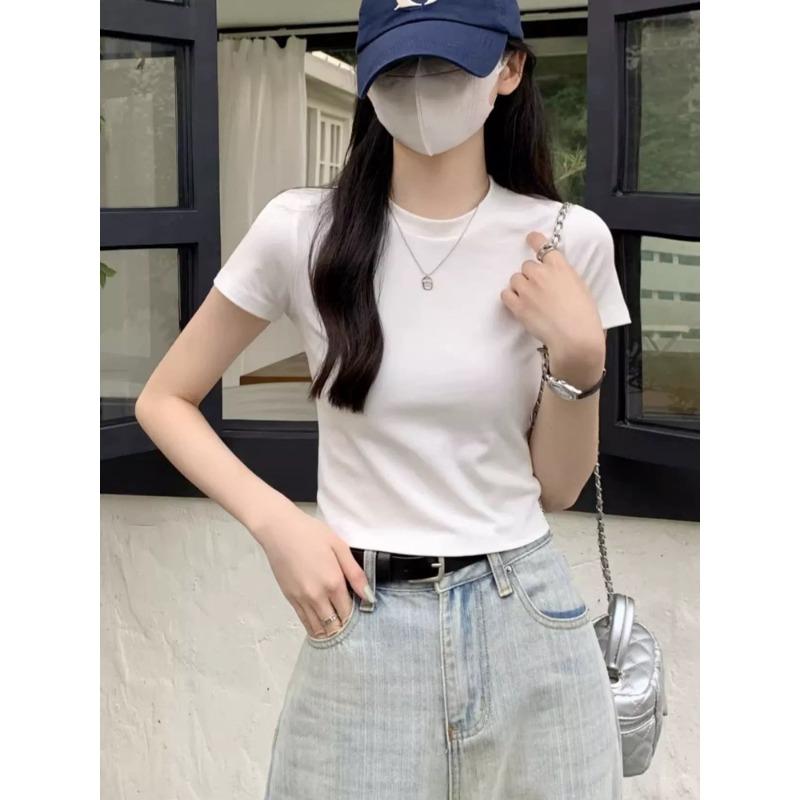 Shirt Women's Summer Short Sleeve High Waist Slim Skinny Solid Color Shoulder Short Sleeve Top Bottom Shirt