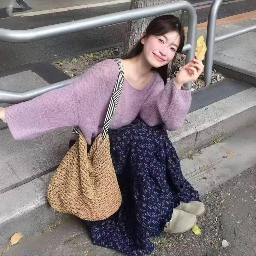 Gentle Vintage Cottagecore Floral Midi Skirt for Women - High-Waist Purple Tiered Cake Long Skirt