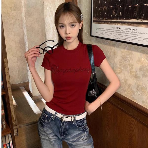 

Женская летняя облегающая футболка с буквенным принтом из страз 2025 XL Premium красный