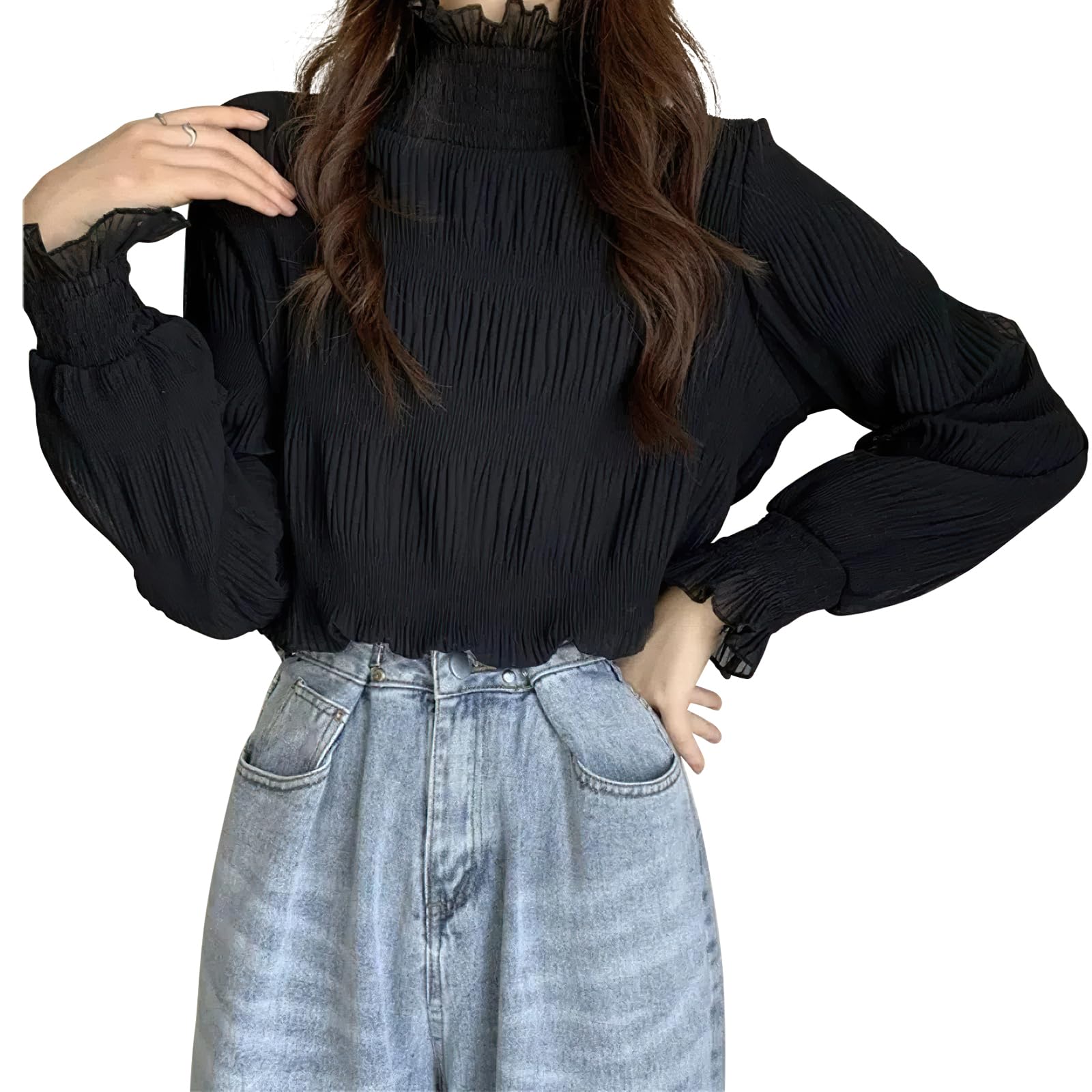 

PALAME Прозрачный Кружевной Короткий Высокий Очень Длинный Осенний Топ, Полностью Кружевной, Просвечивающий, Женский [Изысканная Прозрачность, Кожа, Универсальный] Топ, Блузка, чёрный