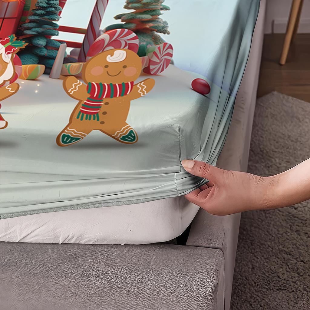 3pcs Christmas House Gingerbread Man Chipless Bed Sheet Set Multi Size Soft Bed Cover Bedroom Dormitory Bedding Decoration