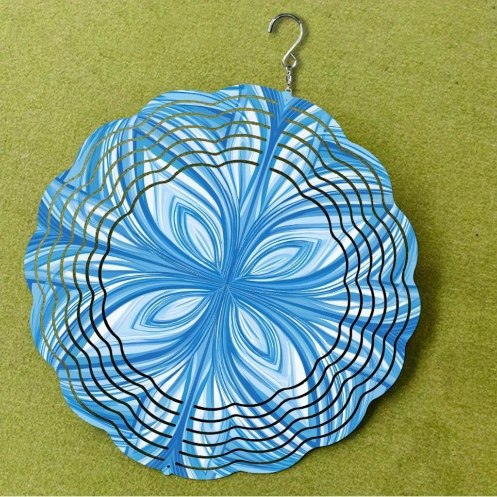 Blue and White Metal Wind Spinner 10 Inch for Garden Decor Outdoor Courtyard Lawn Porch with Rotating Hook for Halloween Christmas Thanksgiving