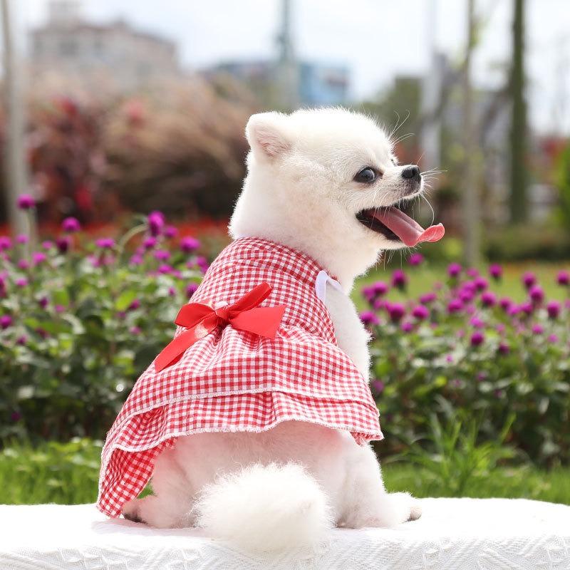 Dog skirt bow cat dress dog wedding dress spring and summer new plaid pet cat clothing supplies Pomeranian