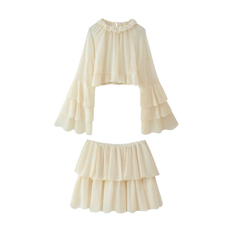 

Romantic Visit Vietnam Niche Design Pure Desire Wind Seaside Sweet and Spicy Frill Chiffon Shirts + Skirt Two-piece Set Romantic appointment L