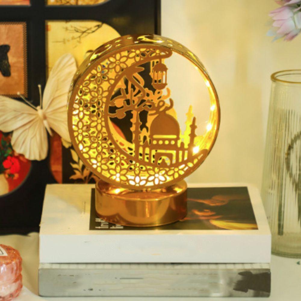 Crescent Pattern Moon Castle LED Light Gold Battery Operated Eid Mubarak Decorative Lamp Wrought Iron Hollow Ramadan Night Light