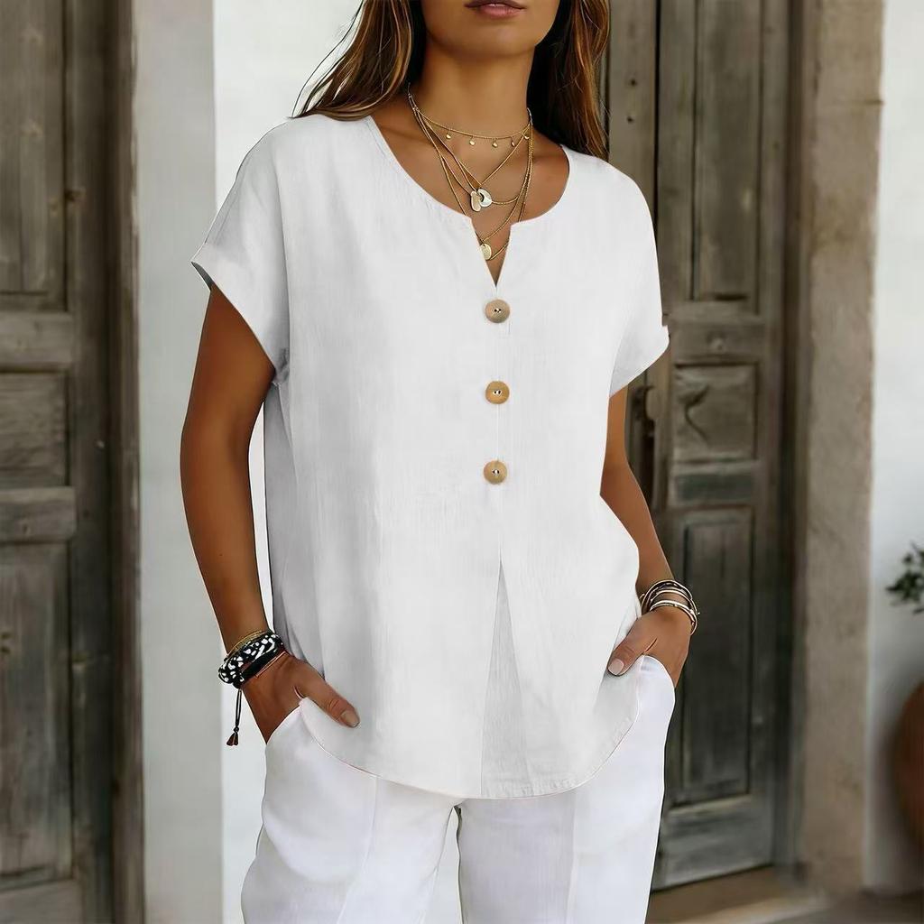 Women's Linen Blend Short Sleeve Blouse Notch V Neck Button Front Loose Casual Summer Tunic Top