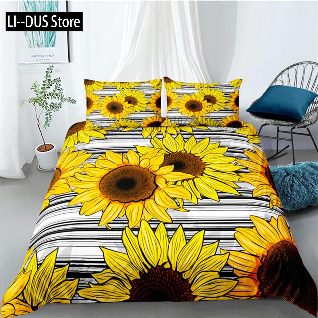 Duvet Cover Sunflower Yellow Flower Bedding Set Farmhouse Green Leaves Floral Quilt Cover For Women Girl Bedroom Decorations