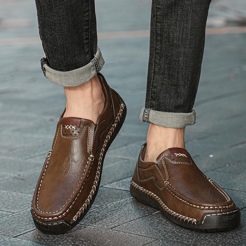 Comfortable Mens Soft-Soled Slip On Flats Casual Leather Loafers Versatile Business Shoes Non Slip Male Hiking Shoes Big Size 48
