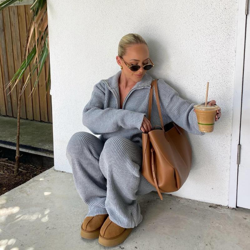 Mode Damen Strickhosenanzug Lässig Umlegekragen Halber Reißverschluss Lange Ärmel Locker Zweiteiliges Set Dame Herbst Winter Lässig Indoor-Sets