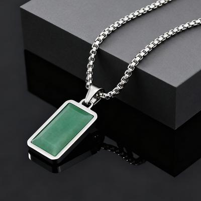 Trendy Green Natural Stone Necklace for Men Boys, Geometric Square Aventurine Pendant, Simple Fashion Jewelry Gifts for Him
