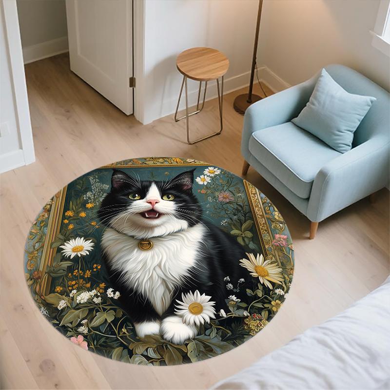Tuxedo cat pattern round rug,Carpet Rug for Living Room Bedroom Playroom ,Non-slip Floor Mat,Holiday Gifts and Birthday Gifts.