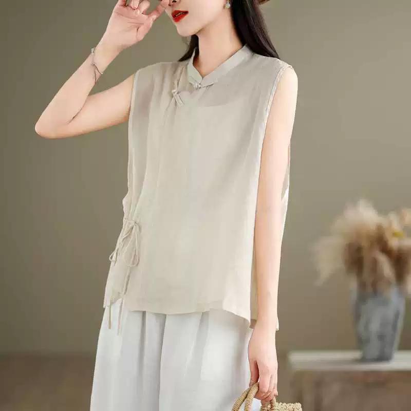

Женская летняя однотонная хлопковая и льняная блузка в стиле ретро в китайском стиле с пряжкой на завязках и воротником-стойкой, свободная одежда для чаепития XS