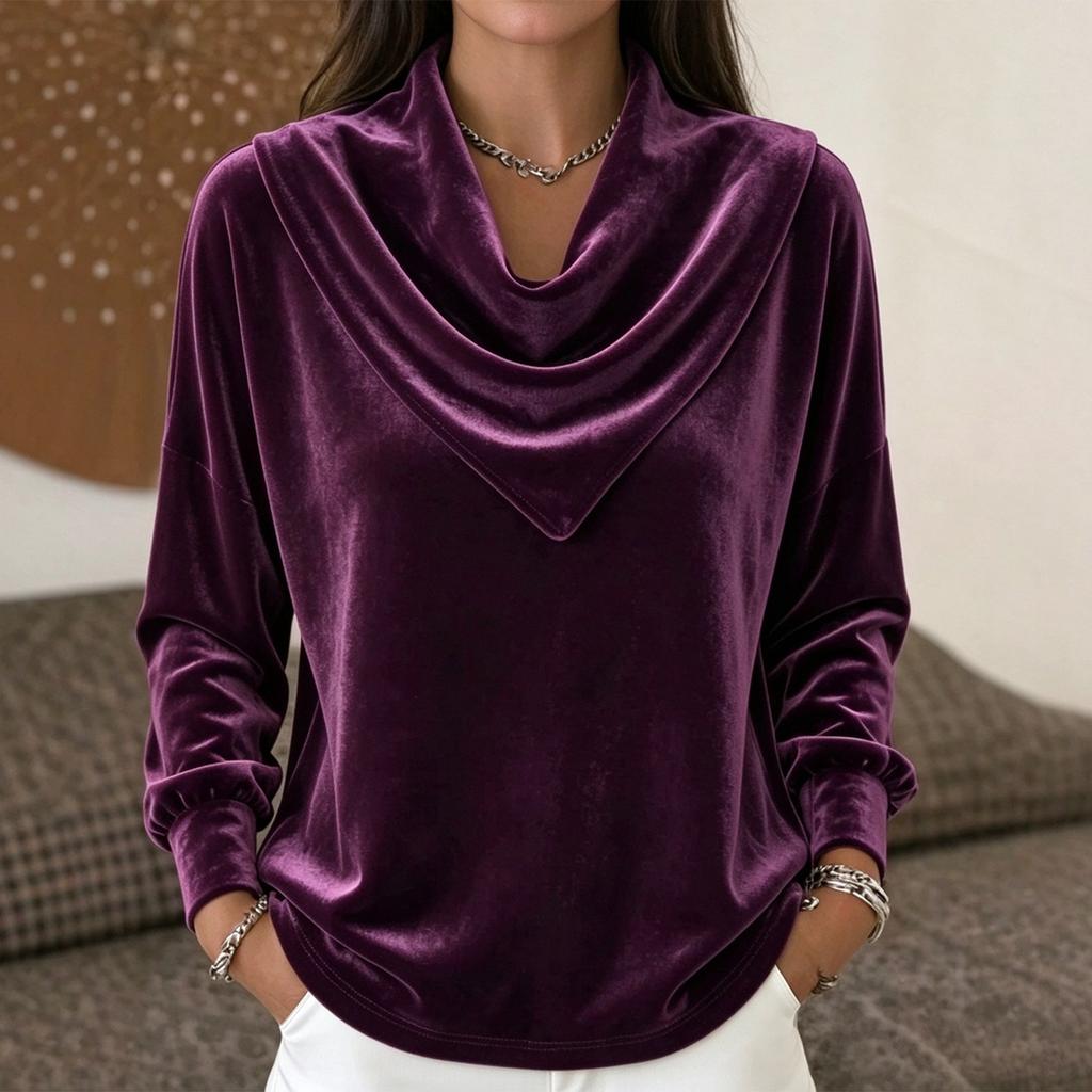 Women's Fashion Velvet Cowl Neck Long Sleeve Top, Loose Fit