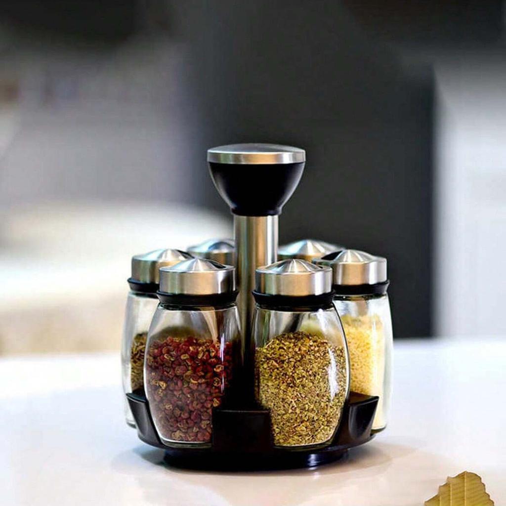 7pcs Seasoning Bottle Rotating Base Seasoning Bottle Stainless Steel Rotating Seasoning Bottle Seasoning Combination Set Seaso