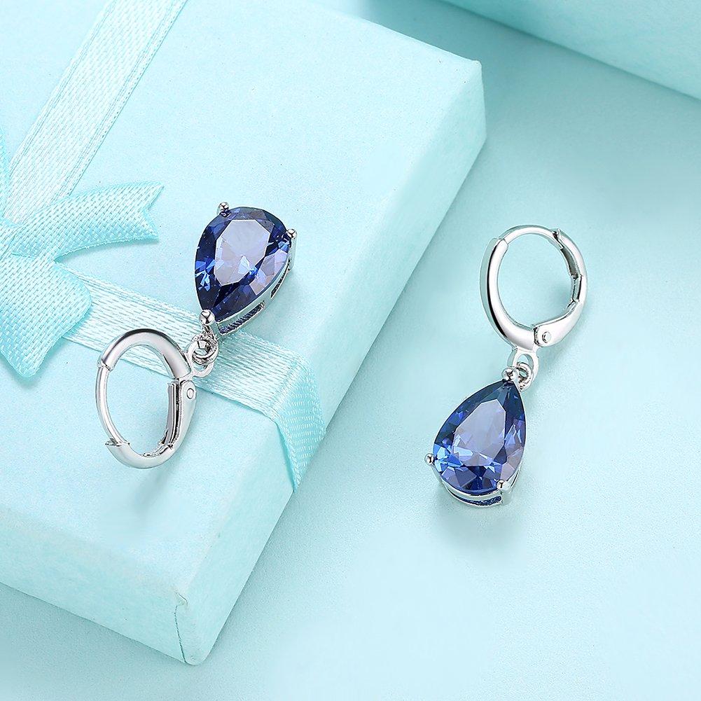Rockyu Jewelry Popular Hoop Earrings Droplet Silver Earrings Dangling Zirconia Droplet Women's (Blue, Platinum)