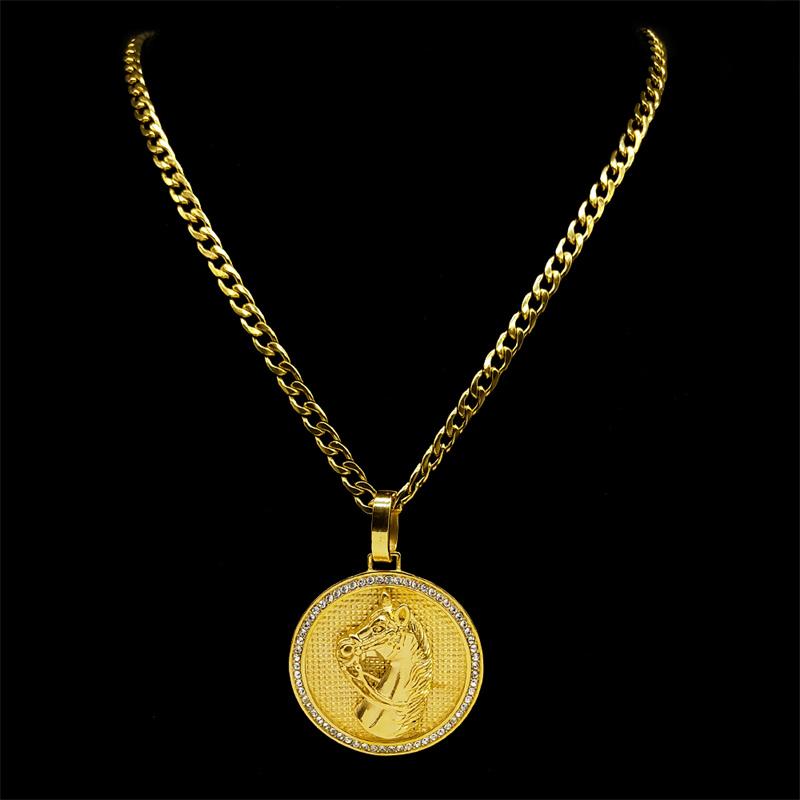 Rhinestone Horse Head Pendant Necklace for Men Hip Hop Stainless Steel Gold Color Animal Lucky Jewelry Gift for Boyfriend 7619-3
