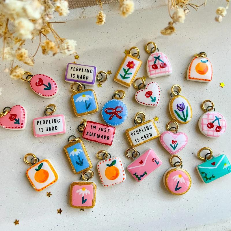 Colorful Dopamine Pendant Flower Fruit Love Shell Drip Oil Printed Pendant Trend Diy Charms Jewelry Making Accessories