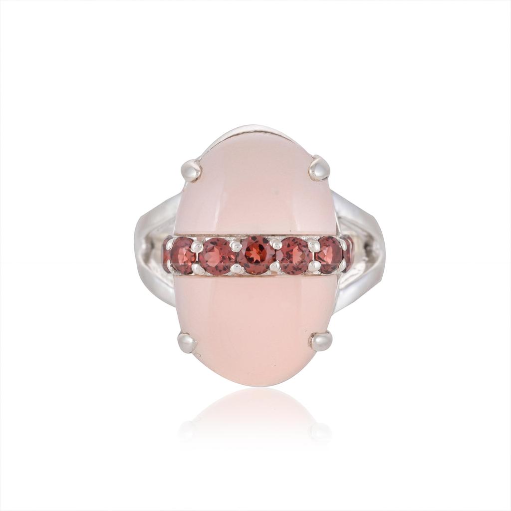 Unique Women's 925 Sterling Silver Oval Gemstone Statement Ring – Mojave Turquoise, Green Onyx or Rose Quartz with Faceted Accent Stones