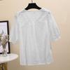 2019 Summer Embroidered Tops Cotton Fabric Blouse Embroidered Shirt Scallop Collar Short Sleeve Lace Elegant Cute Floral Pattern Thin Loose Fit