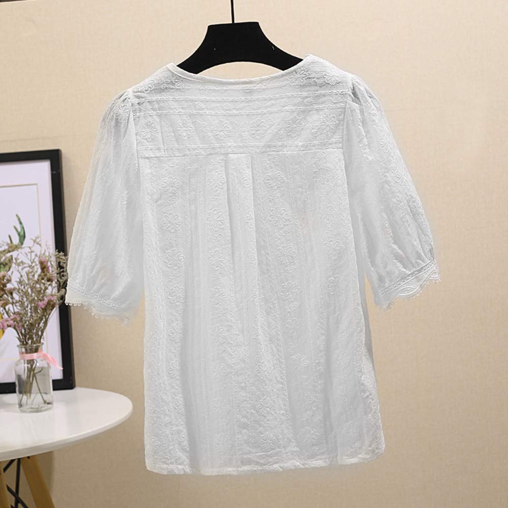2019 Summer Embroidered Tops Cotton Fabric Blouse Embroidered Shirt Scallop Collar Short Sleeve Lace Elegant Cute Floral Pattern Thin Loose Fit