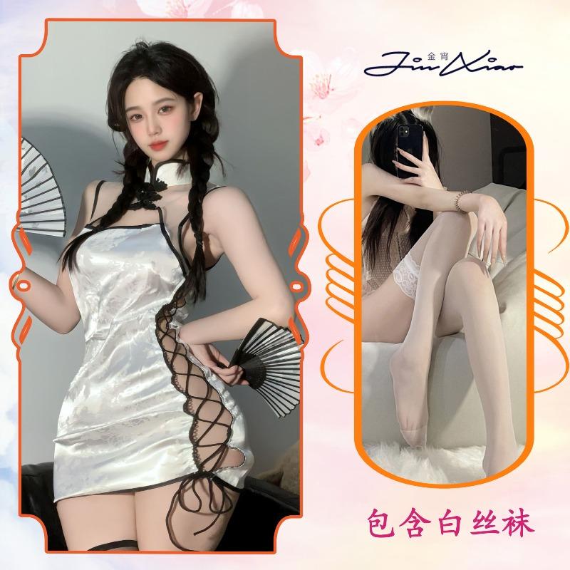 Sex underwear sexy cheongsam pure desire split tie large size perspective temptation small chest uniform qqny pajamas