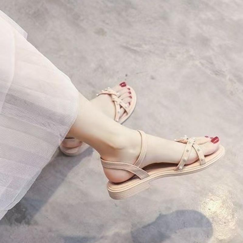 Pearl Sandals Sweet Girl Summer Non-slip Soft Sole Versatile with Skirt One-word Belt Sandals