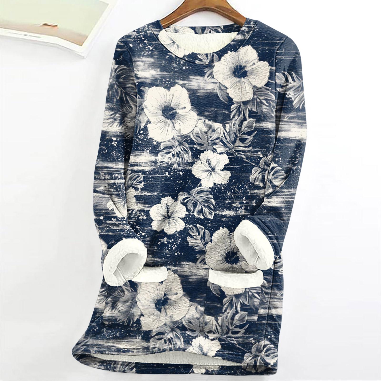 

Женский топ с круглым вырезом и принтом из утолщенного плюша и кашемира, теплый длинный топ XXL тёмно-синий