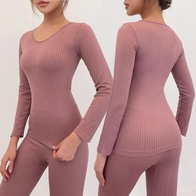 2 Pcs/Set Winter Women Thermal Underwear Set O Neck Thread Seamless Long Sleeve Warm Slim Fit High Elastic Weather Pajamas