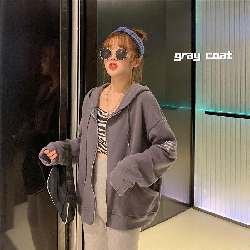 Casual sweater jacket women's thin loose Korean version short man with bf hooded zipper cardigan